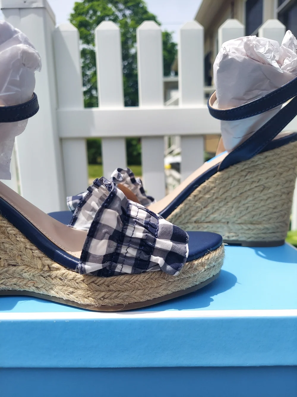 Draper James Navy Gingham Espadrille Wedge Sandals Women Size 9 NWT Feminine